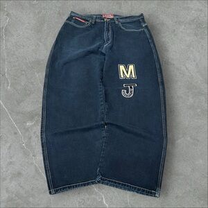 Machine Jeans Mens‎ 34x30 Dark Blue Y2K Embroidered Baggy Wide-Leg 2000s Jnco